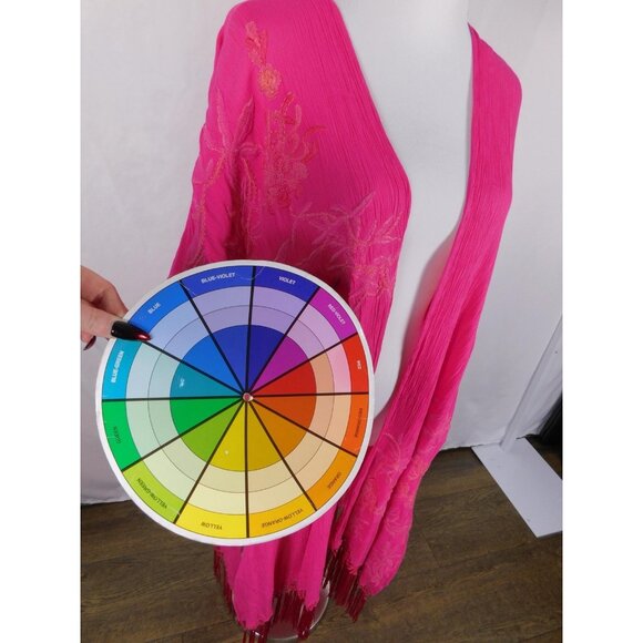 Kimono Cardigan Womens One Size Fuchsia Pink Embroidered Fringe Boho Duster - Picture 12 of 12